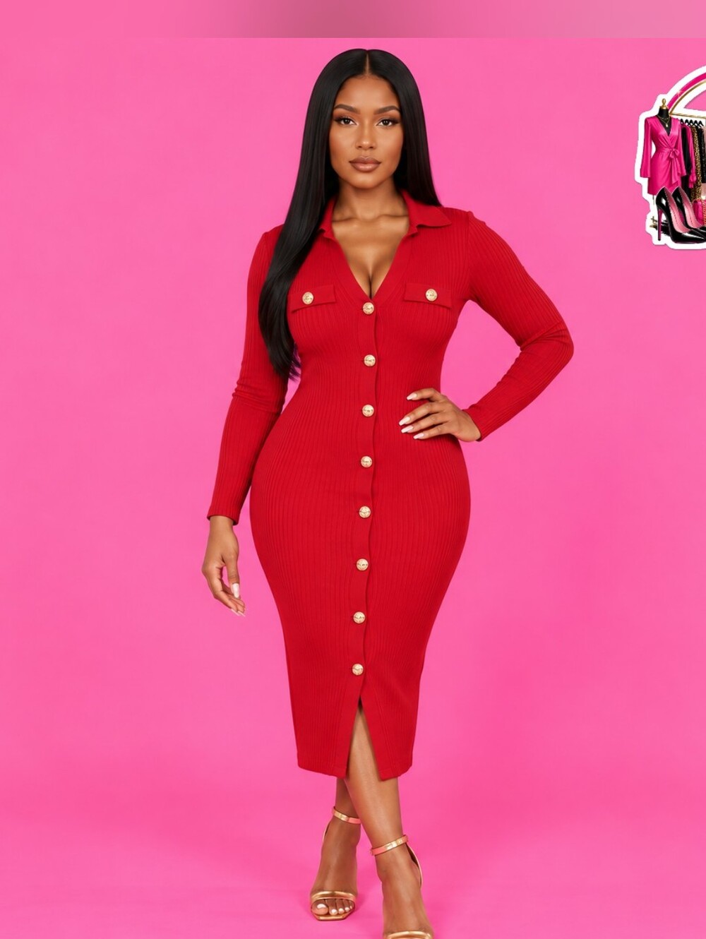 Red Ribbed Button-Front Midi Dress - Long Sleeve